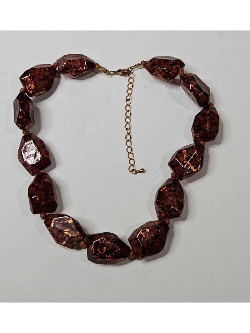 Chunky Plastic Beaded Necklace Knotted Brown Goldtone 15 - 18 inches Long